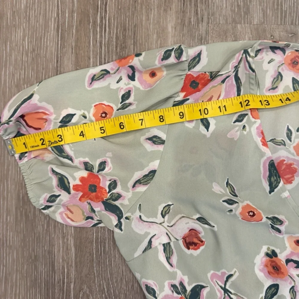 LC Lauren Conrad Size Large Sage Green Floral Faux-Wrap Midi Dress Cottagecore - Picture 12 of 15